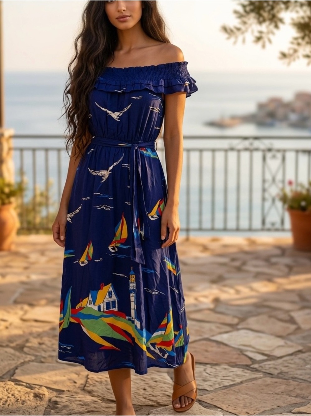 Anthropologie 48 Of 52 Conversations Off Shoulder Nautical Midi Dress Size 0